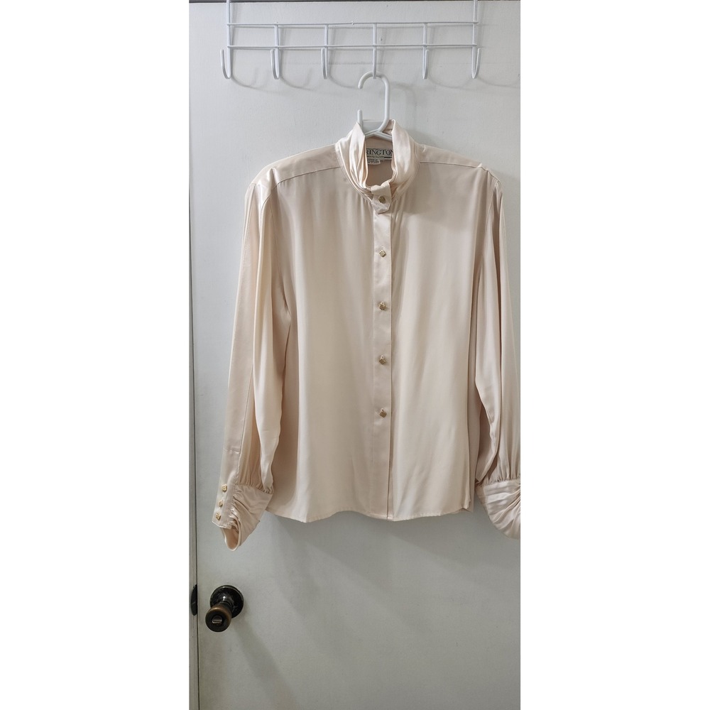 Starington by Charlotte Vintage 100% Silk Blouse Cream Gold Button Funnel Neck L